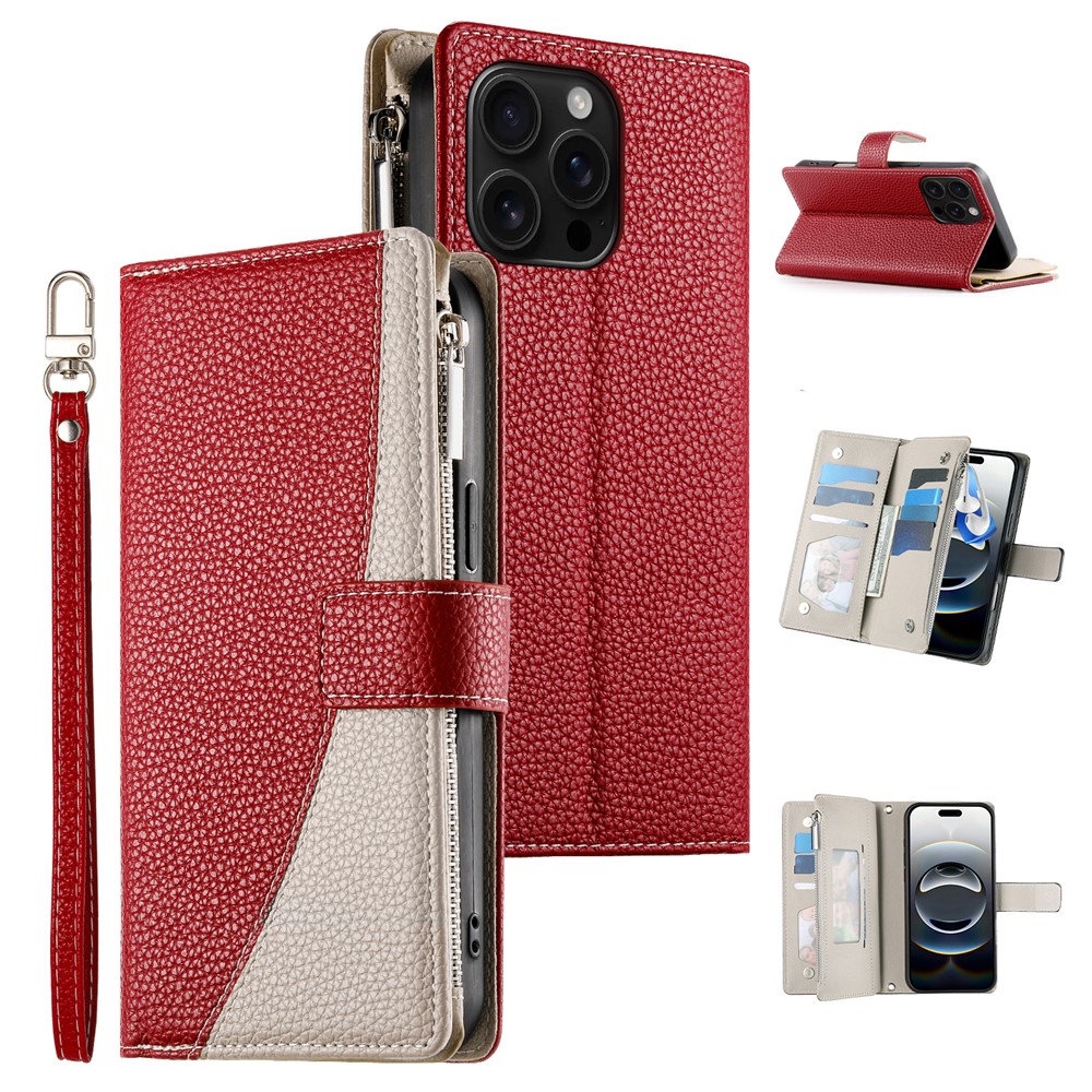 For iPhone 16 Pro Max Case Zipper Pocket Wallet Color Splicing Leather Flip Phone Cover with Straps - Red
