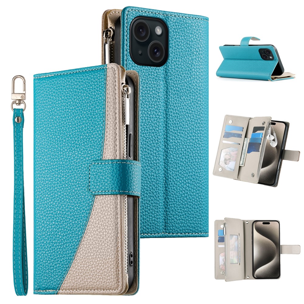 For iPhone 15 Case Zipper Pocket Wallet Color Splicing Leather Flip Phone Cover with Straps - Lake Blue