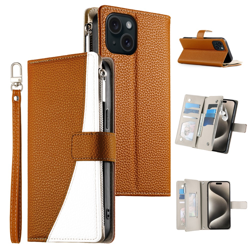 For iPhone 15 Case Zipper Pocket Wallet Color Splicing Leather Flip Phone Cover with Straps - Brown