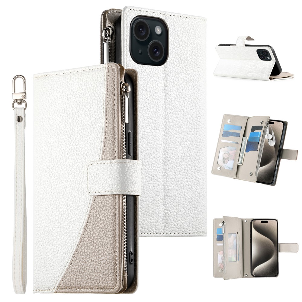 For iPhone 15 Case Zipper Pocket Wallet Color Splicing Leather Flip Phone Cover with Straps - White