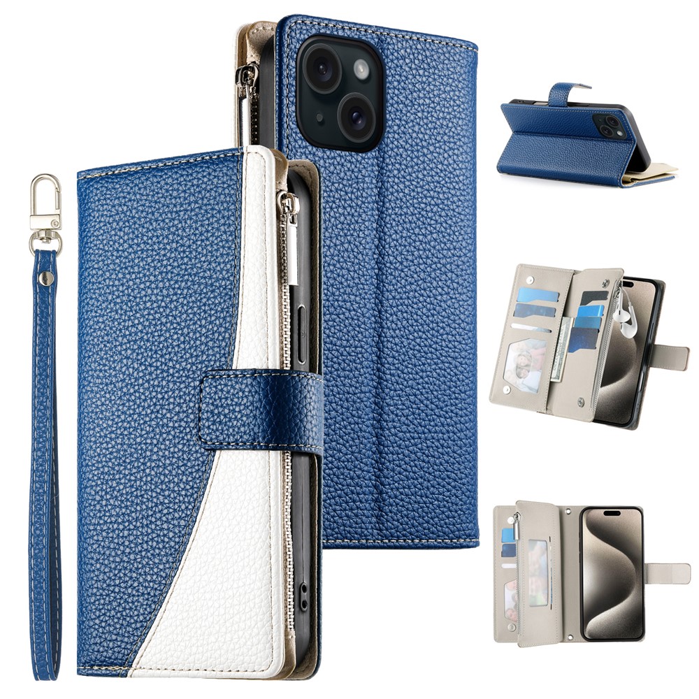 For iPhone 15 Case Zipper Pocket Wallet Color Splicing Leather Flip Phone Cover with Straps - Dark Blue