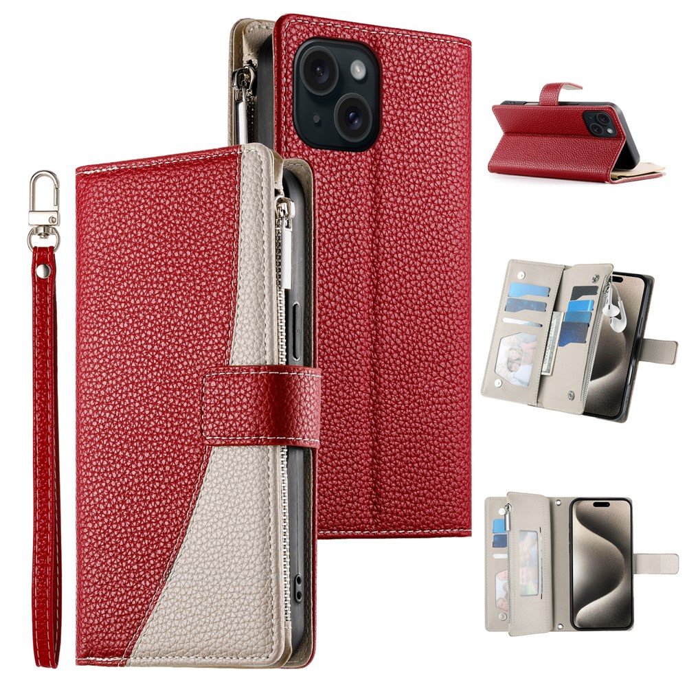 For iPhone 15 Case Zipper Pocket Wallet Color Splicing Leather Flip Phone Cover with Straps - Red