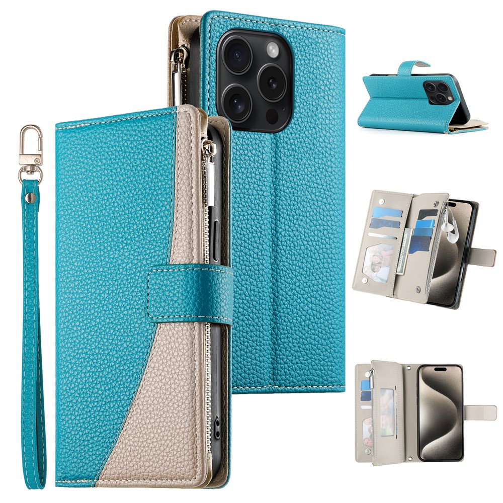 For iPhone 15 Pro Case Zipper Pocket Wallet Color Splicing Leather Flip Phone Cover with Straps - Lake Blue