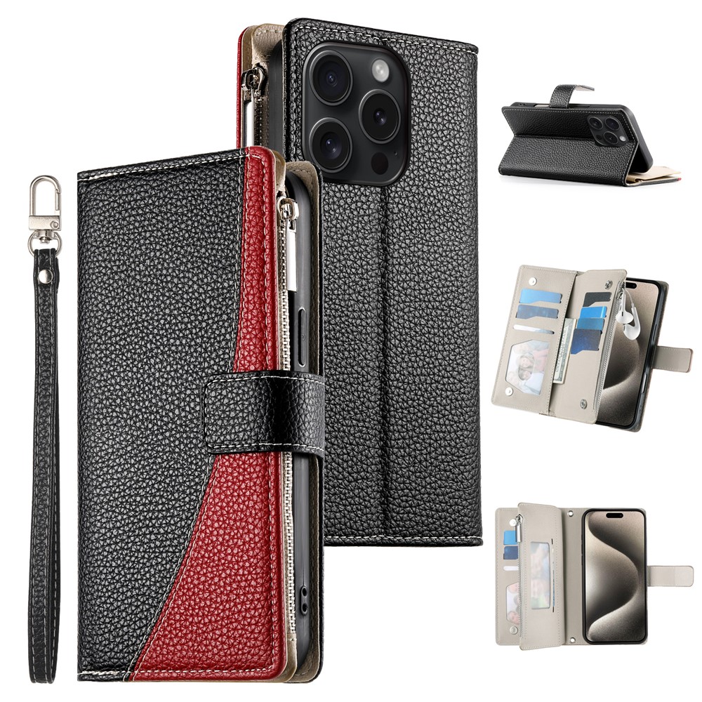 For iPhone 15 Pro Case Zipper Pocket Wallet Color Splicing Leather Flip Phone Cover with Straps - Black