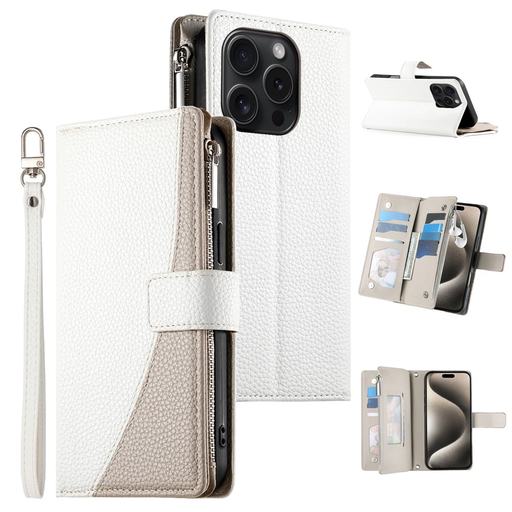 For iPhone 15 Pro Case Zipper Pocket Wallet Color Splicing Leather Flip Phone Cover with Straps - White