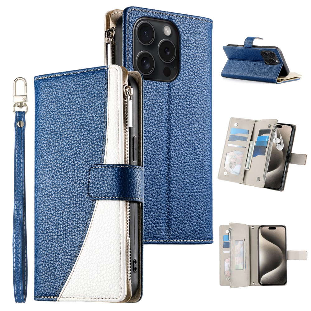 For iPhone 15 Pro Case Zipper Pocket Wallet Color Splicing Leather Flip Phone Cover with Straps - Dark Blue