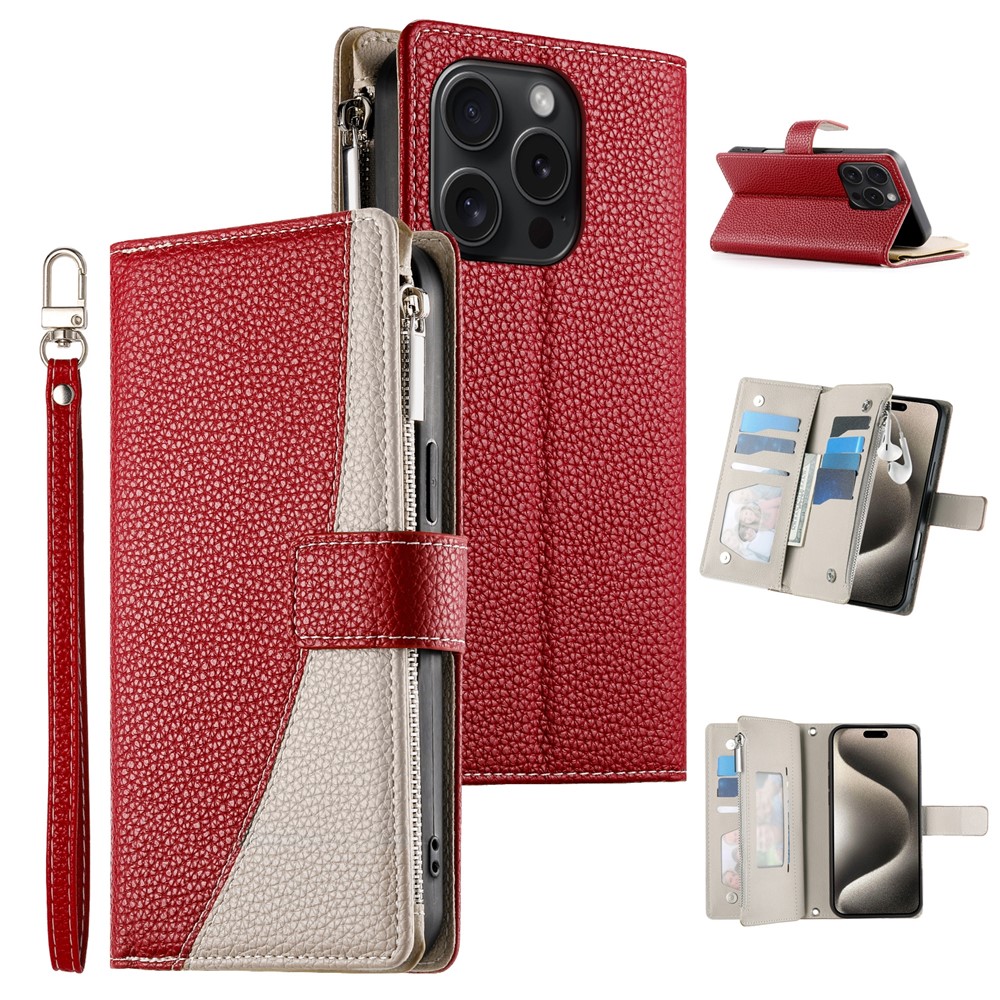 For iPhone 15 Pro Case Zipper Pocket Wallet Color Splicing Leather Flip Phone Cover with Straps - Red
