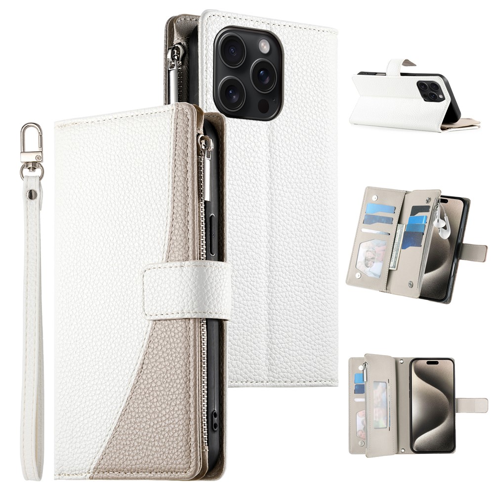 For iPhone 15 Pro Max Case Zipper Pocket Wallet Color Splicing Leather Flip Phone Cover with Straps - White