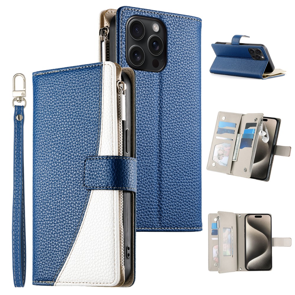 For iPhone 15 Pro Max Case Zipper Pocket Wallet Color Splicing Leather Flip Phone Cover with Straps - Dark Blue