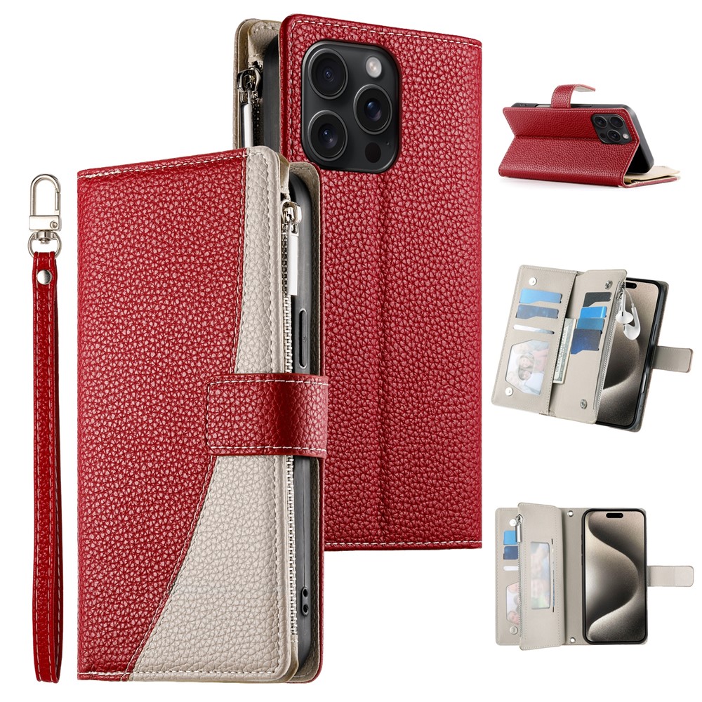 For iPhone 15 Pro Max Case Zipper Pocket Wallet Color Splicing Leather Flip Phone Cover with Straps - Red