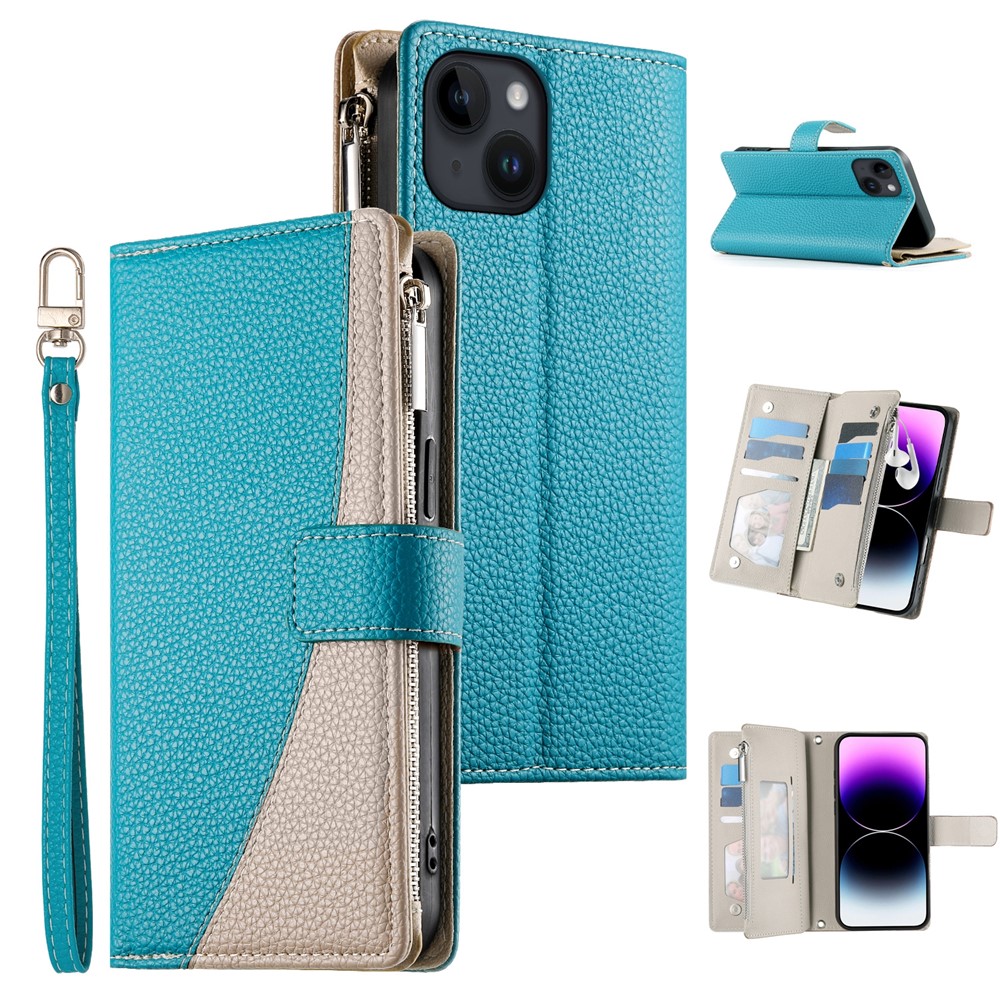For iPhone 14  /  13 Case Zipper Pocket Wallet Color Splicing Leather Flip Phone Cover with Straps - Lake Blue