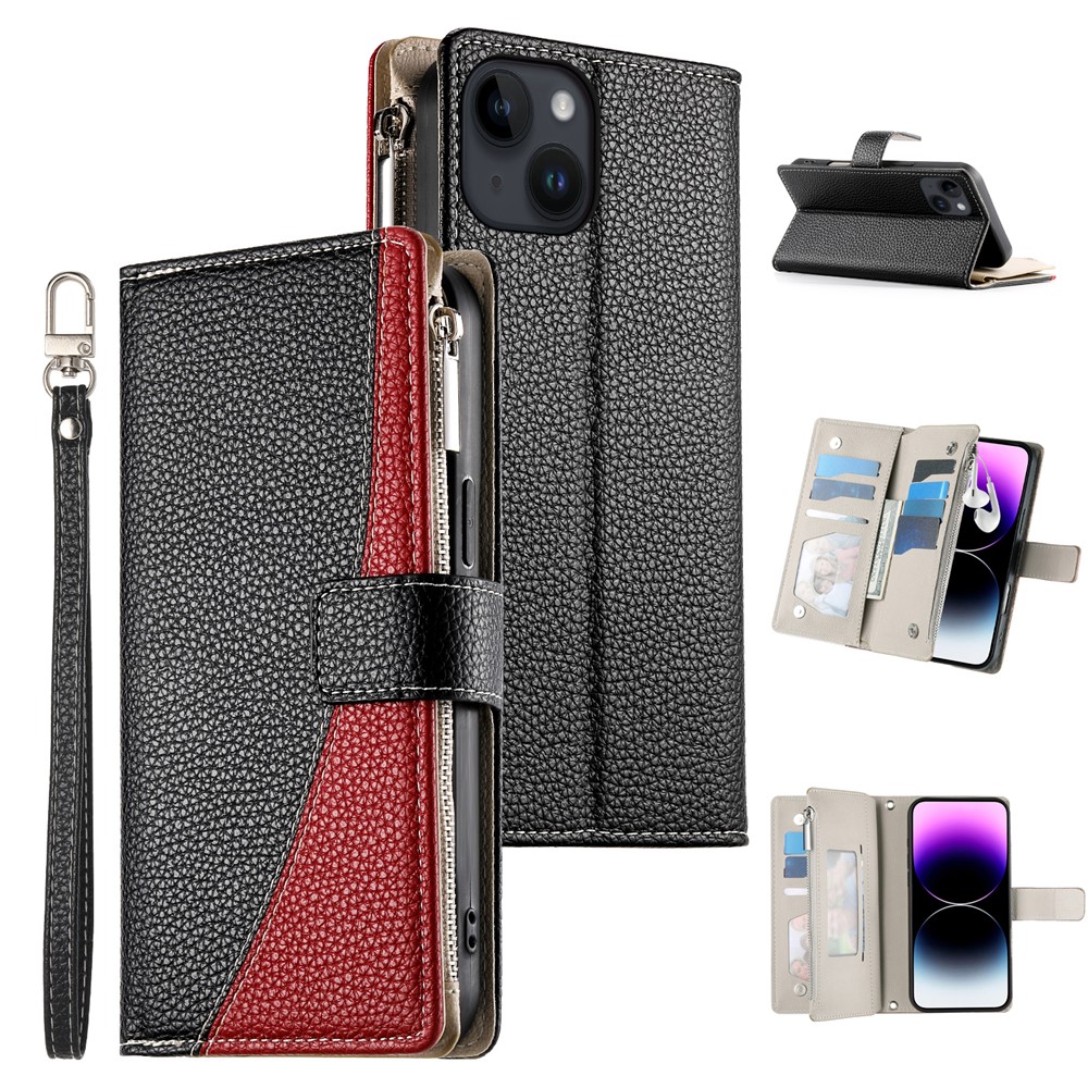 For iPhone 14  /  13 Case Zipper Pocket Wallet Color Splicing Leather Flip Phone Cover with Straps - Black
