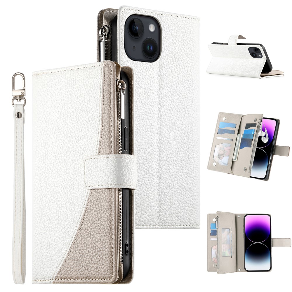For iPhone 14  /  13 Case Zipper Pocket Wallet Color Splicing Leather Flip Phone Cover with Straps - White