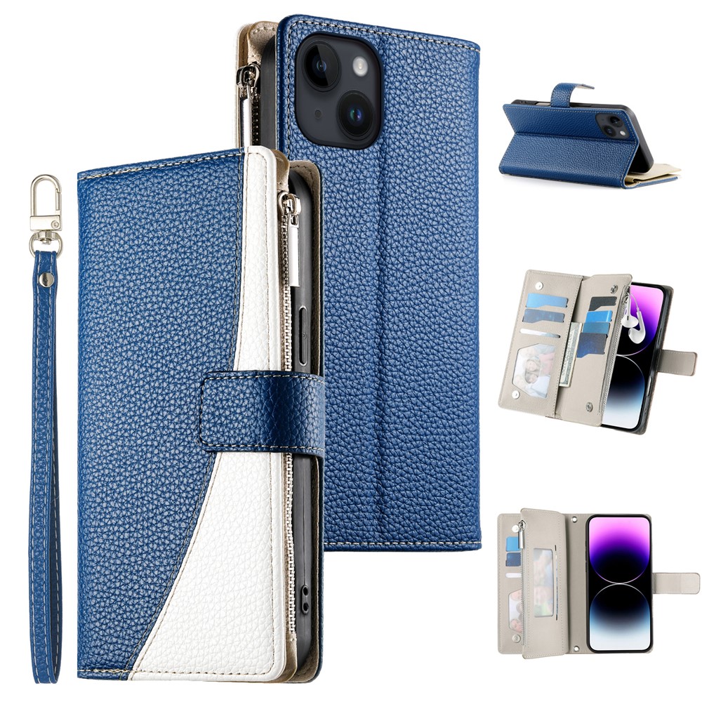 For iPhone 14  /  13 Case Zipper Pocket Wallet Color Splicing Leather Flip Phone Cover with Straps - Dark Blue