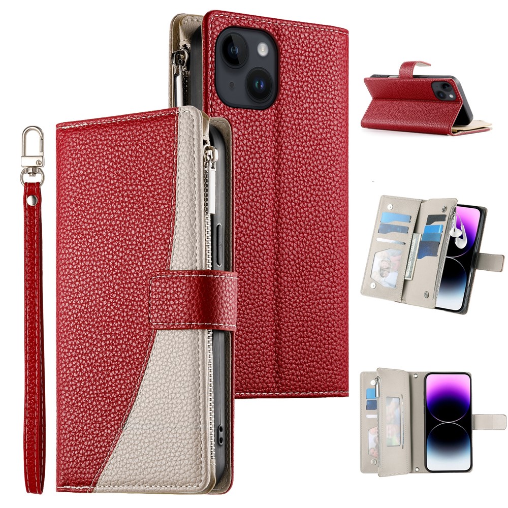 For iPhone 14 / 13 Case Zipper Pocket Wallet Color Splicing Leather Flip Phone Cover with Straps - Red