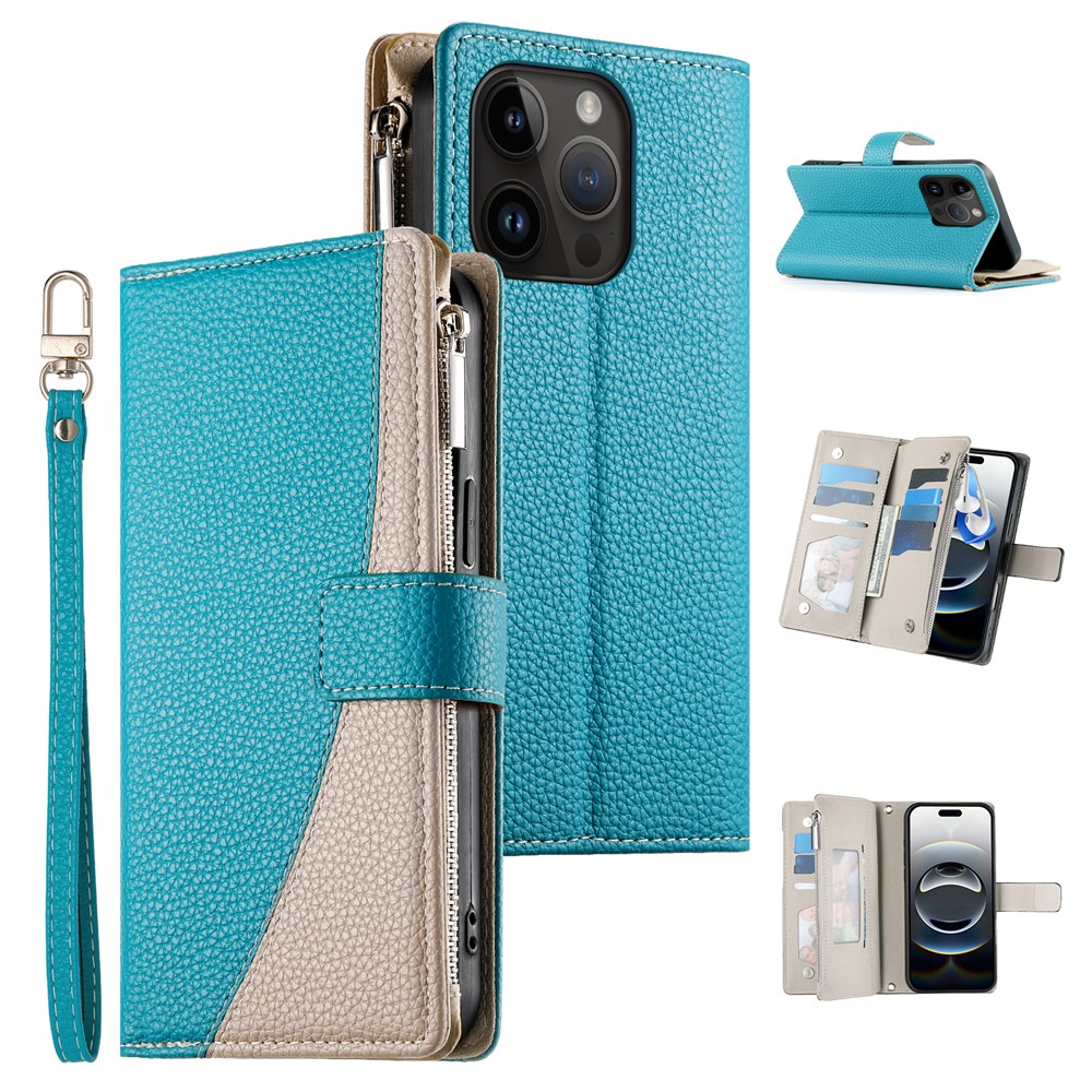 For iPhone 14 Pro Case Zipper Pocket Wallet Color Splicing Leather Flip Phone Cover with Straps - Lake Blue