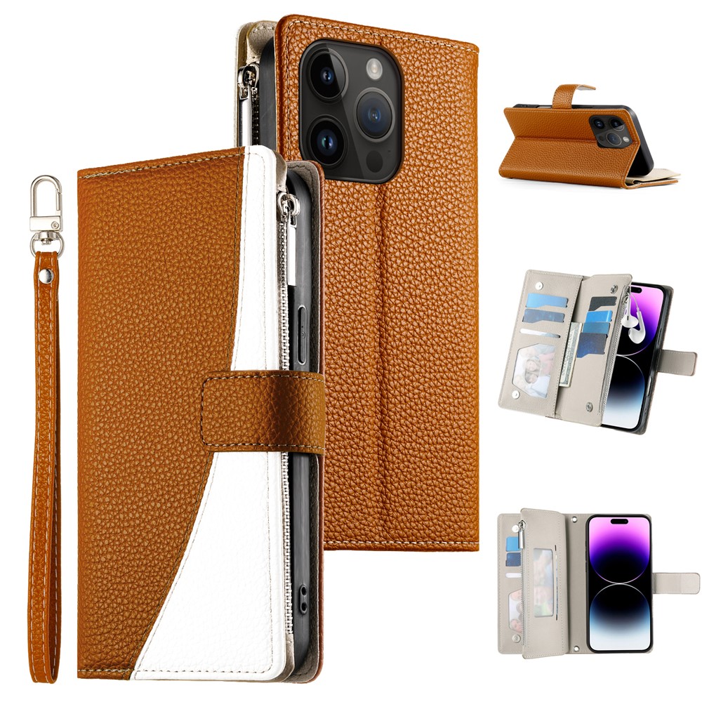 For iPhone 14 Pro Case Zipper Pocket Wallet Color Splicing Leather Flip Phone Cover with Straps - Brown