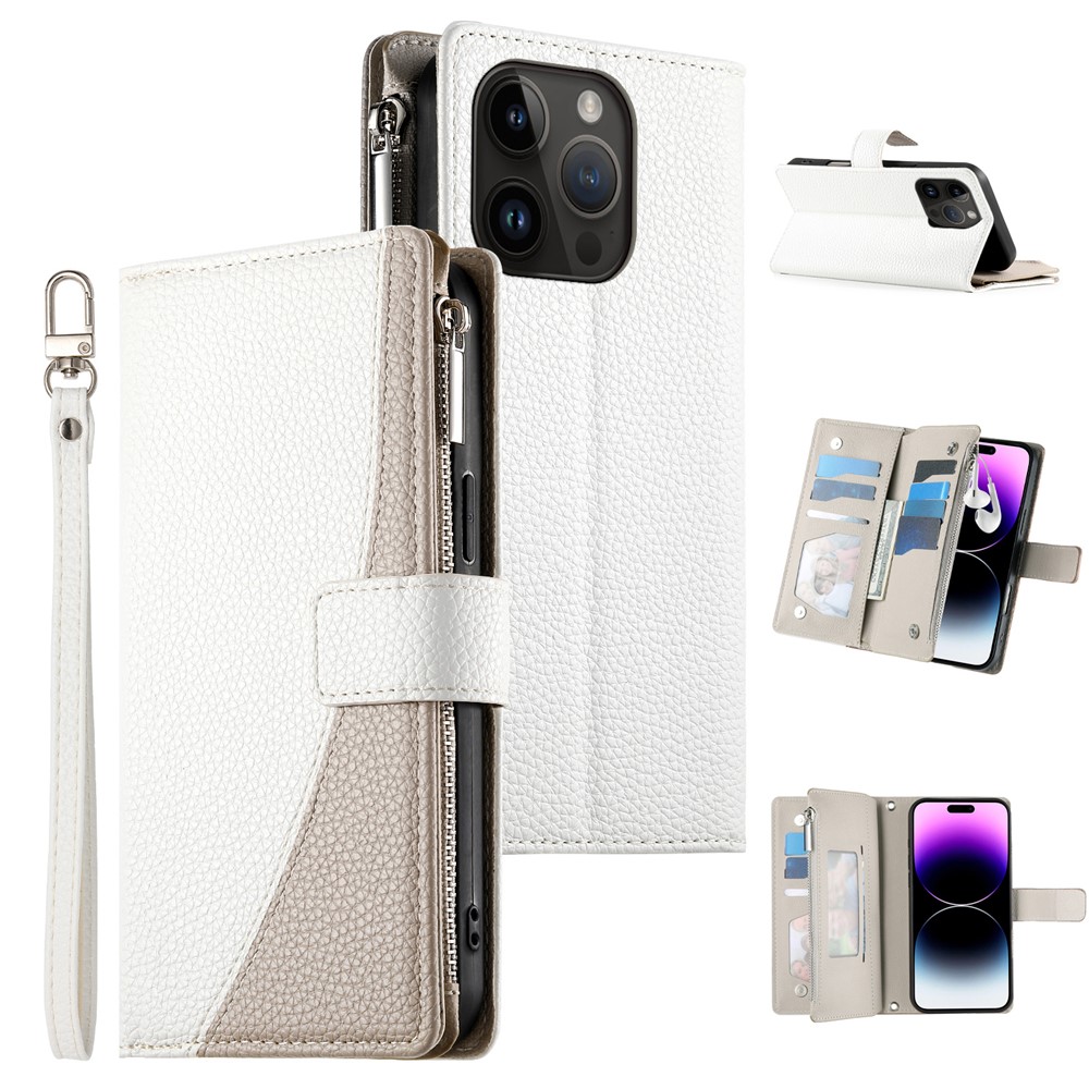 For iPhone 14 Pro Case Zipper Pocket Wallet Color Splicing Leather Flip Phone Cover with Straps - White