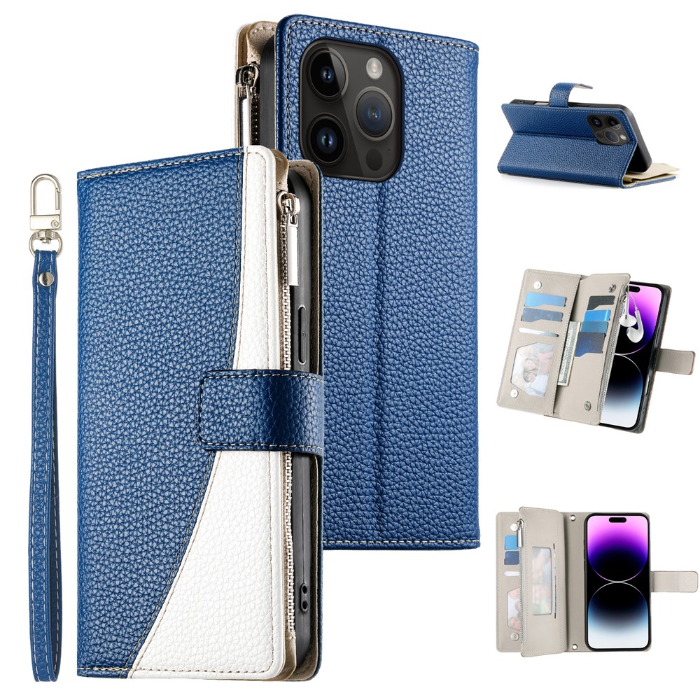 For iPhone 14 Pro Case Zipper Pocket Wallet Color Splicing Leather Flip Phone Cover with Straps - Dark Blue