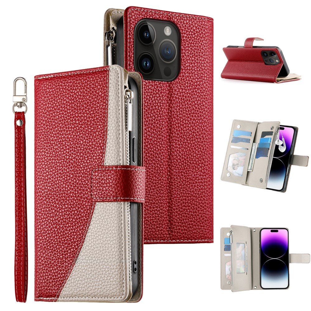 For iPhone 14 Pro Case Zipper Pocket Wallet Color Splicing Leather Flip Phone Cover with Straps - Red