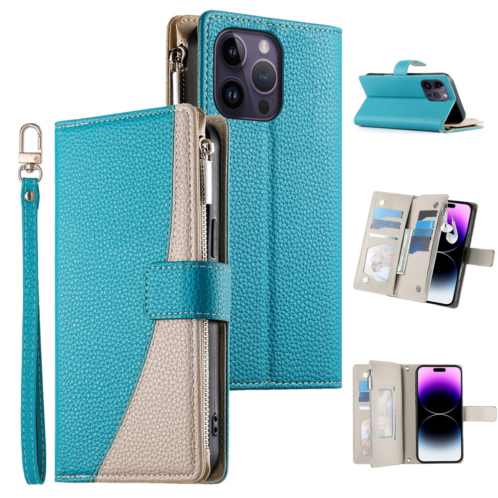 For iPhone 14 Pro Max Case Zipper Pocket Wallet Color Splicing Leather Flip Phone Cover with Straps - Lake Blue