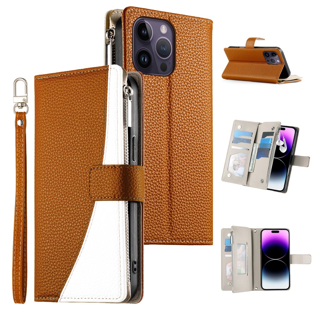 For iPhone 14 Pro Max Case Zipper Pocket Wallet Color Splicing Leather Flip Phone Cover with Straps - Brown
