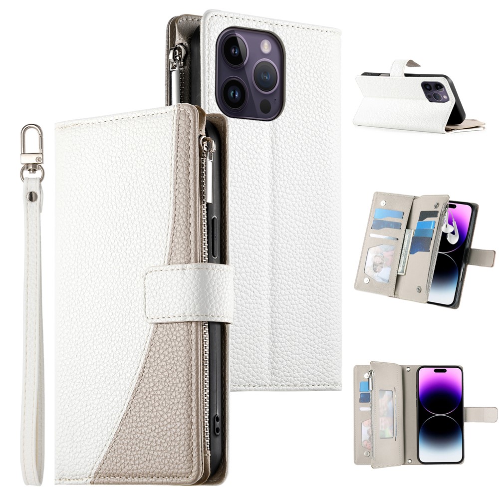 For iPhone 14 Pro Max Case Zipper Pocket Wallet Color Splicing Leather Flip Phone Cover with Straps - White