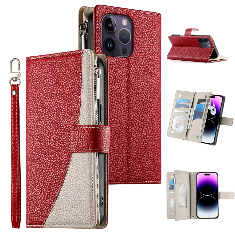 For iPhone 14 Pro Max Case Zipper Pocket Wallet Color Splicing Leather Flip Phone Cover with Straps - Red