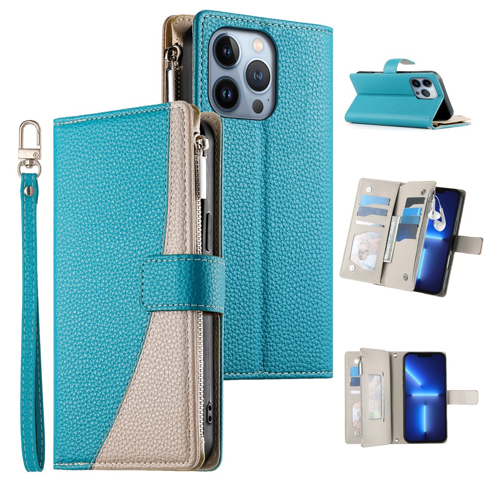 For iPhone 13 Pro Case Zipper Pocket Wallet Color Splicing Leather Flip Phone Cover with Straps - Lake Blue