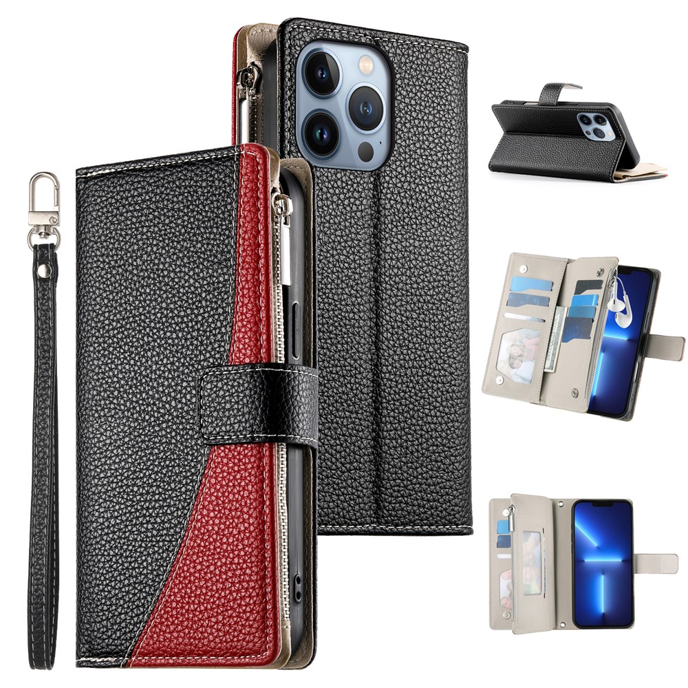 For iPhone 13 Pro Case Zipper Pocket Wallet Color Splicing Leather Flip Phone Cover with Straps - Black