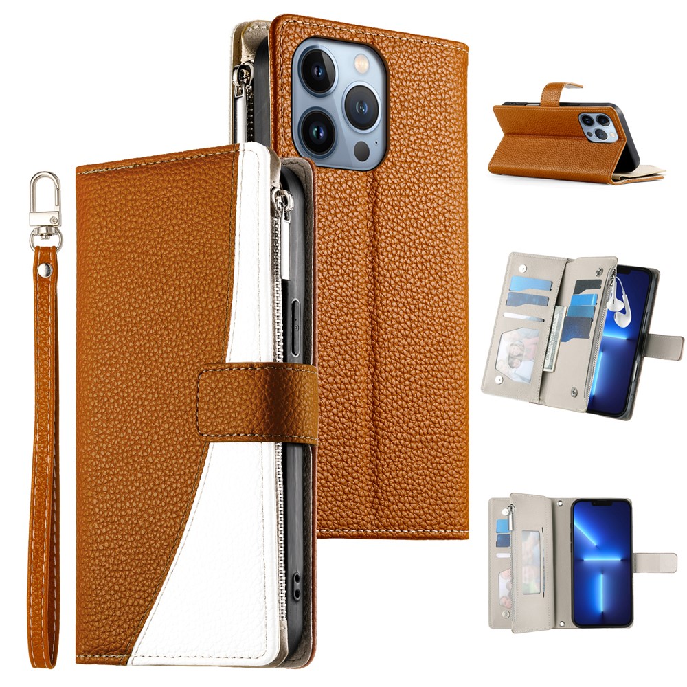 For iPhone 13 Pro Case Zipper Pocket Wallet Color Splicing Leather Flip Phone Cover with Straps - Brown
