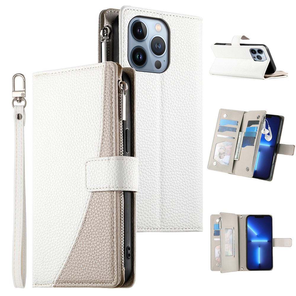 For iPhone 13 Pro Case Zipper Pocket Wallet Color Splicing Leather Flip Phone Cover with Straps - White