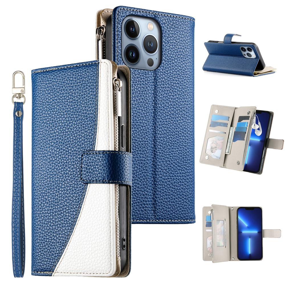 For iPhone 13 Pro Case Zipper Pocket Wallet Color Splicing Leather Flip Phone Cover with Straps - Dark Blue