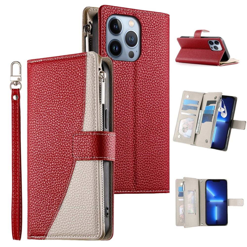 For iPhone 13 Pro Case Zipper Pocket Wallet Color Splicing Leather Flip Phone Cover with Straps - Red