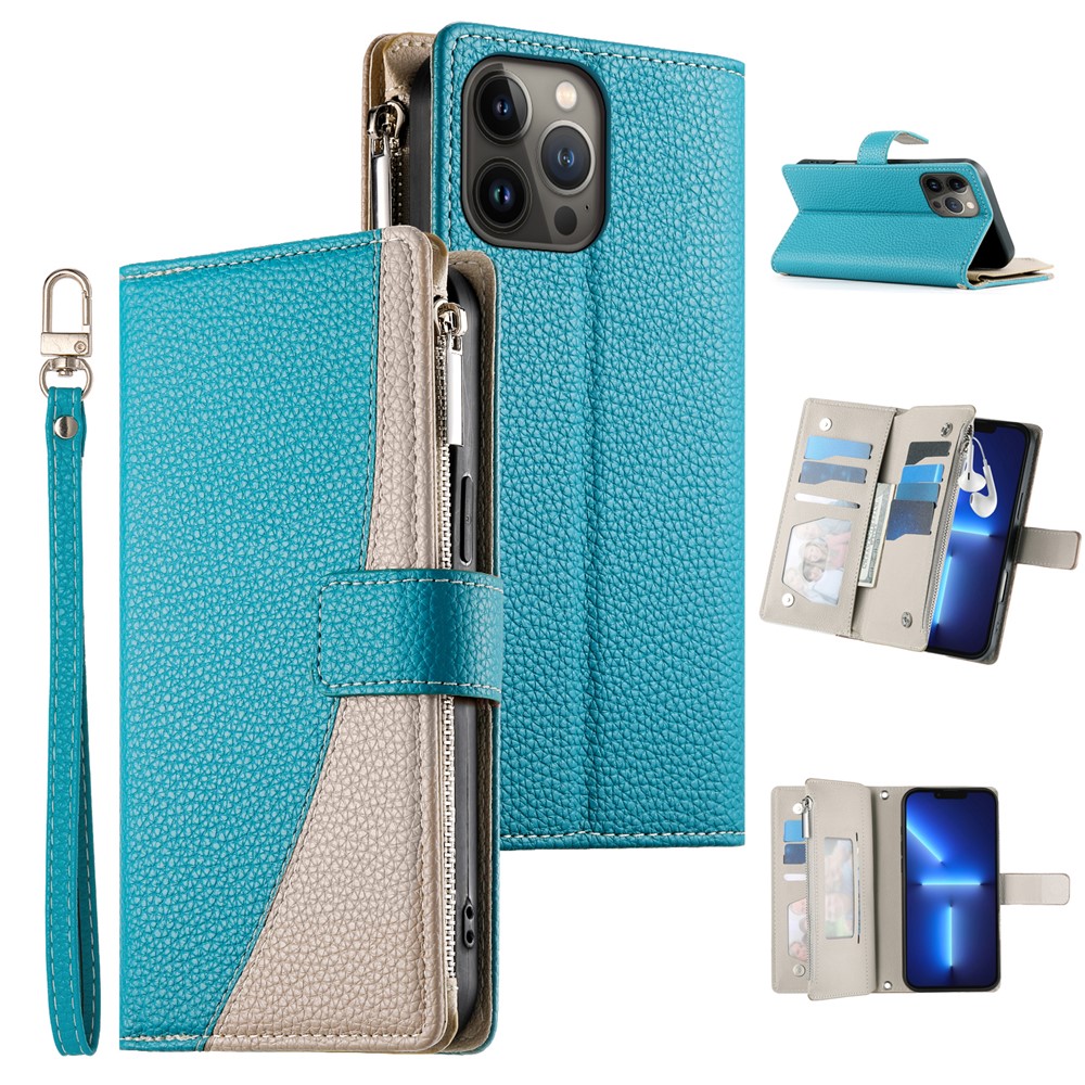 For iPhone 13 Pro Max Case Zipper Pocket Wallet Color Splicing Leather Flip Phone Cover with Straps - Lake Blue