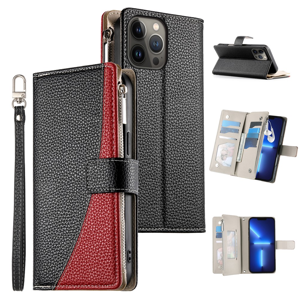 For iPhone 13 Pro Max Case Zipper Pocket Wallet Color Splicing Leather Flip Phone Cover with Straps - Black