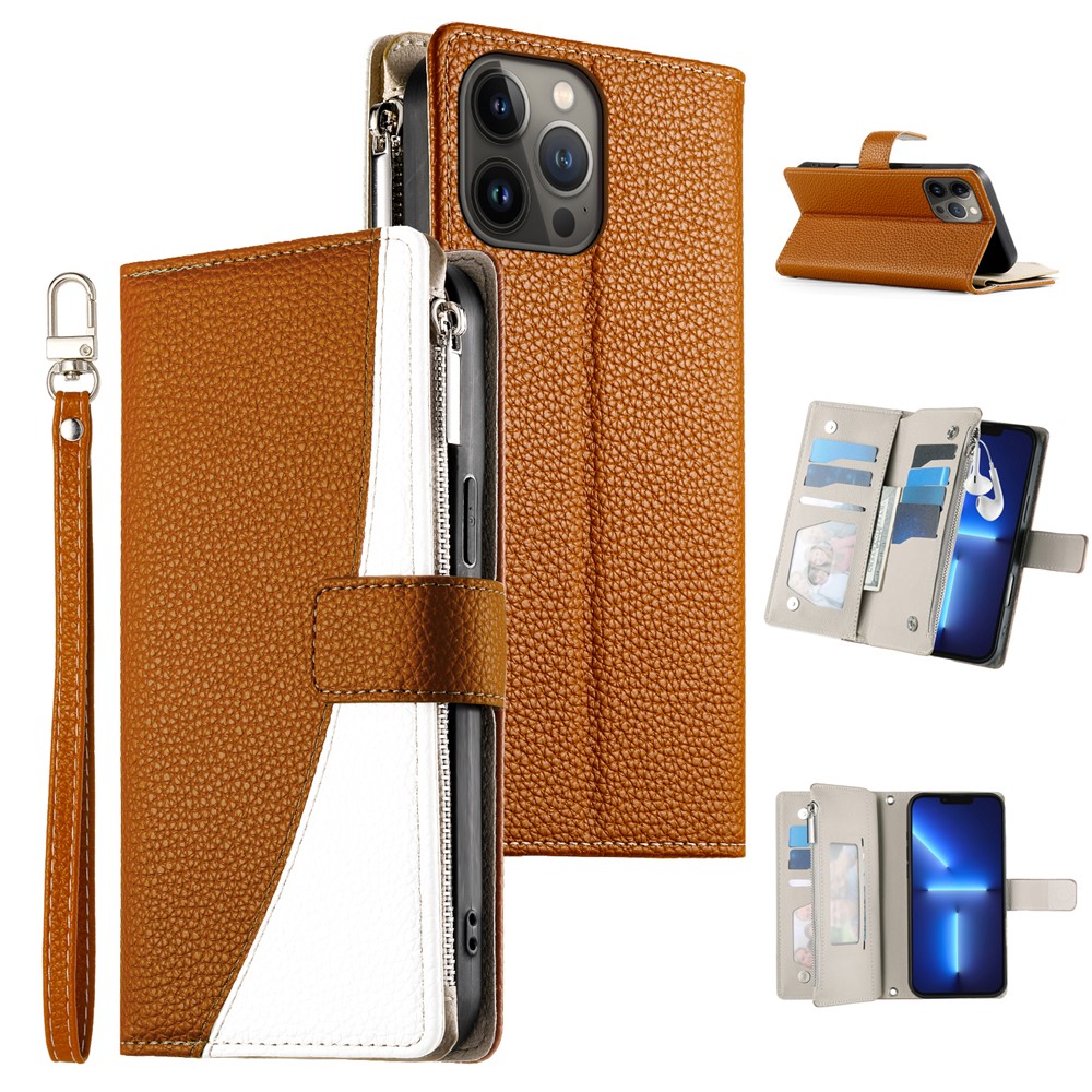For iPhone 13 Pro Max Case Zipper Pocket Wallet Color Splicing Leather Flip Phone Cover with Straps - Brown