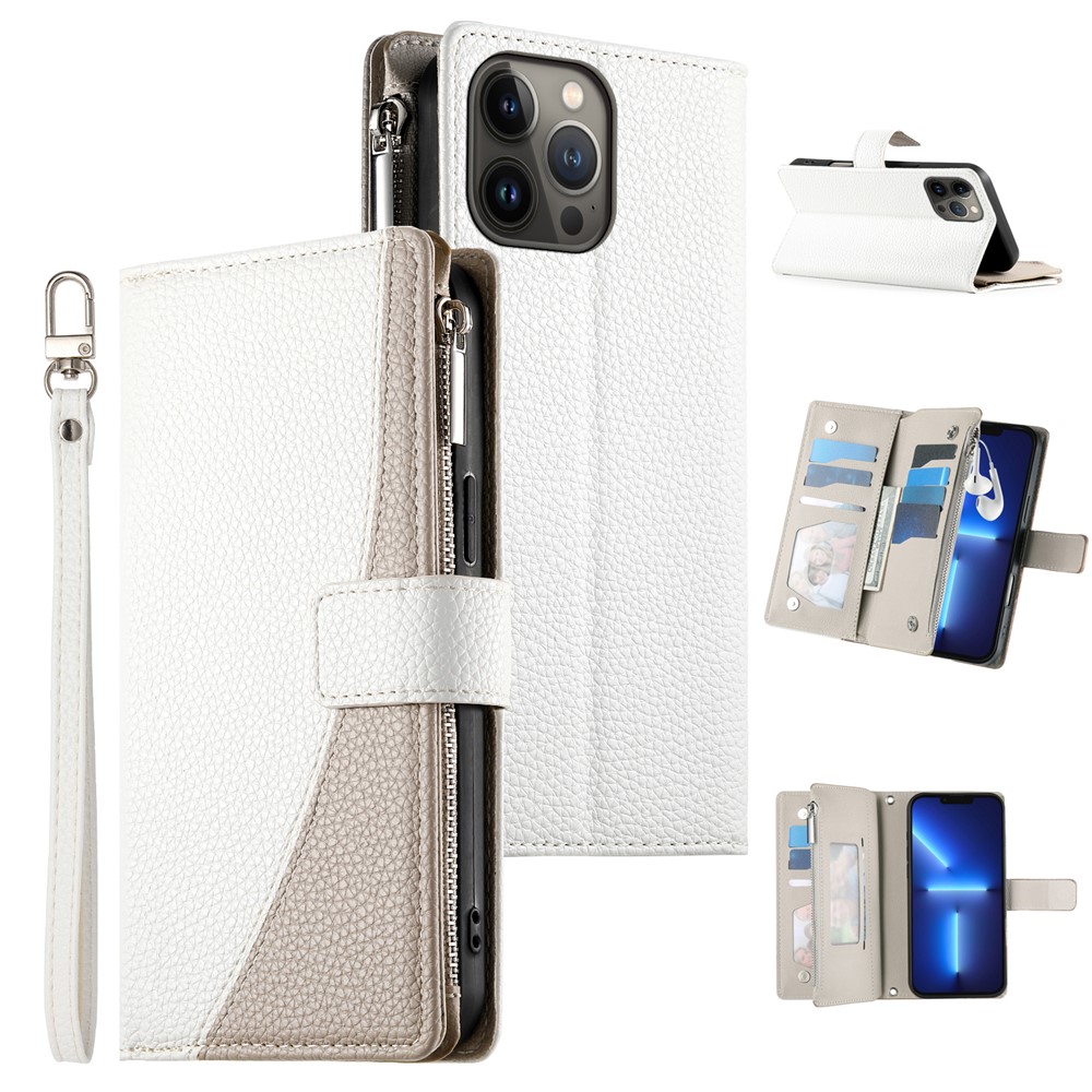 For iPhone 13 Pro Max Case Zipper Pocket Wallet Color Splicing Leather Flip Phone Cover with Straps - White