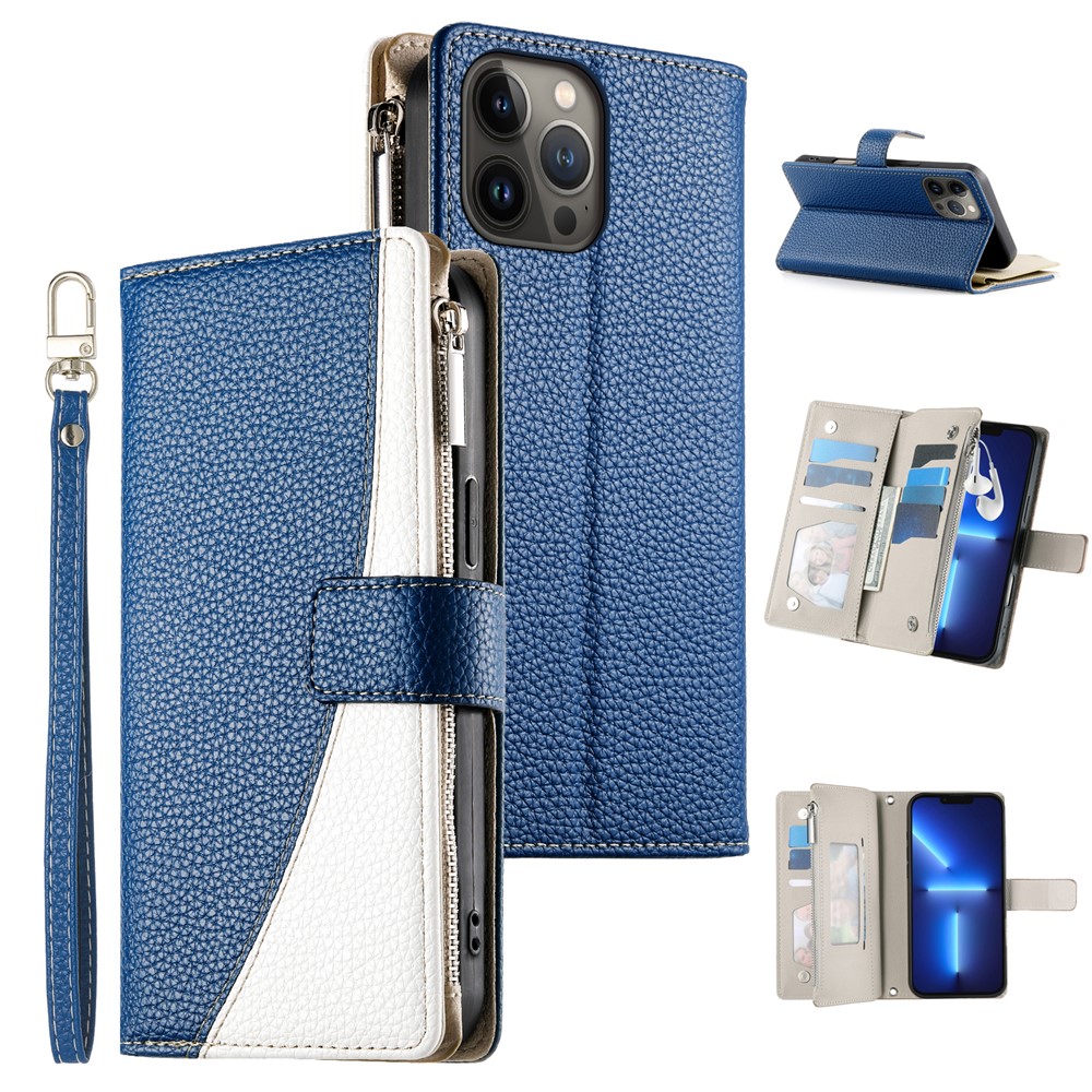 For iPhone 13 Pro Max Case Zipper Pocket Wallet Color Splicing Leather Flip Phone Cover with Straps - Dark Blue