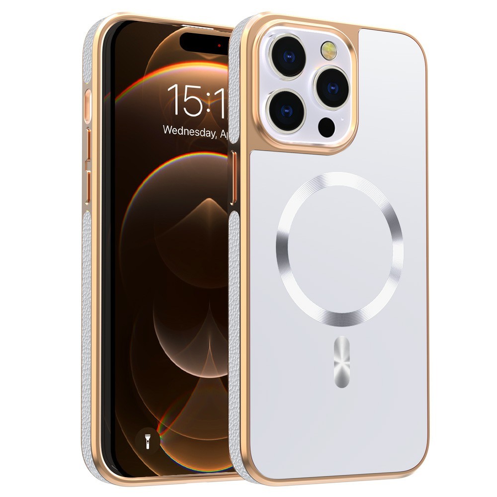 For iPhone 15 Pro Max Magnetic Case Electroplating Anti-Drop TPU + PC Phone Back Cover - White