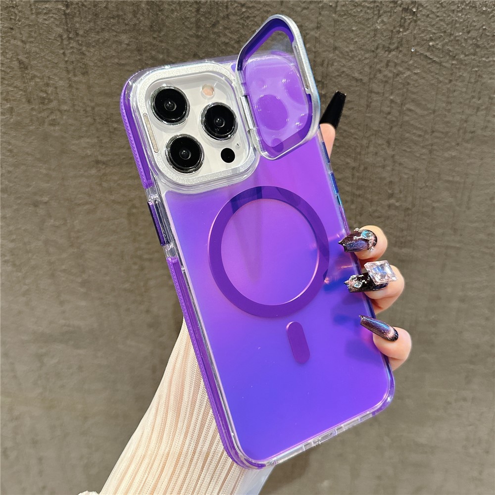 For iPhone 15 Pro Max Magnetic Case TPU Acrylic Phone Back Cover with Lens Film and Kickstand - Purple