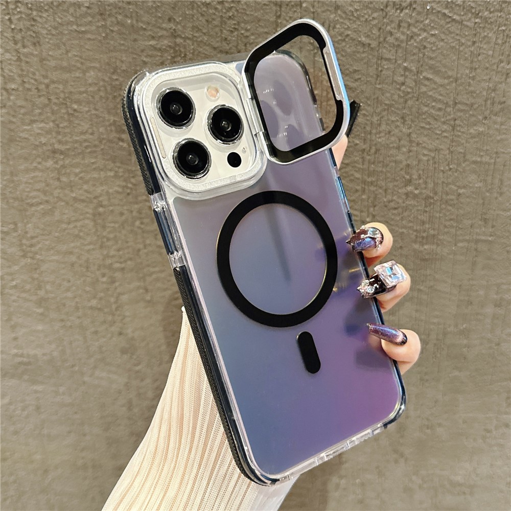 For iPhone 15 Pro Max Magnetic Case TPU Acrylic Phone Back Cover with Lens Film and Kickstand - Black