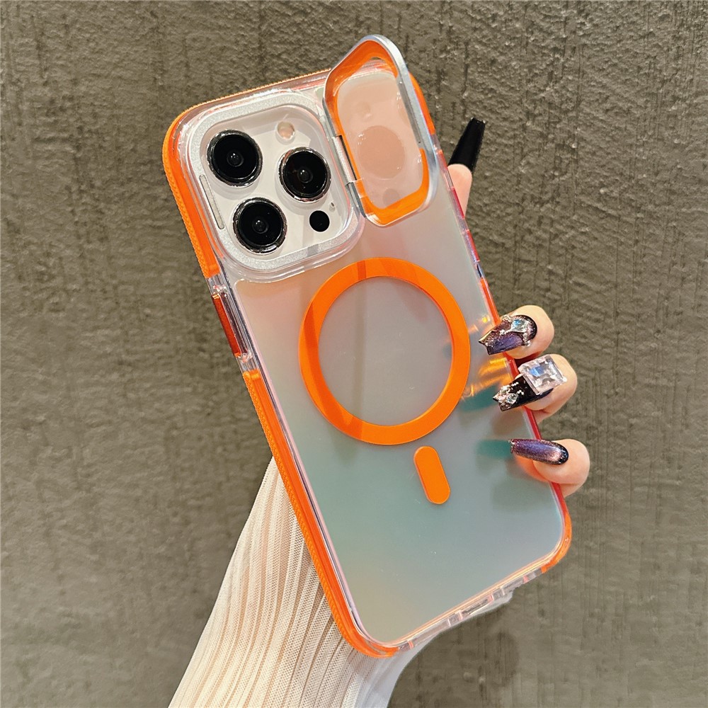 For iPhone 15 Pro Max Magnetic Case TPU Acrylic Phone Back Cover with Lens Film and Kickstand - Orange