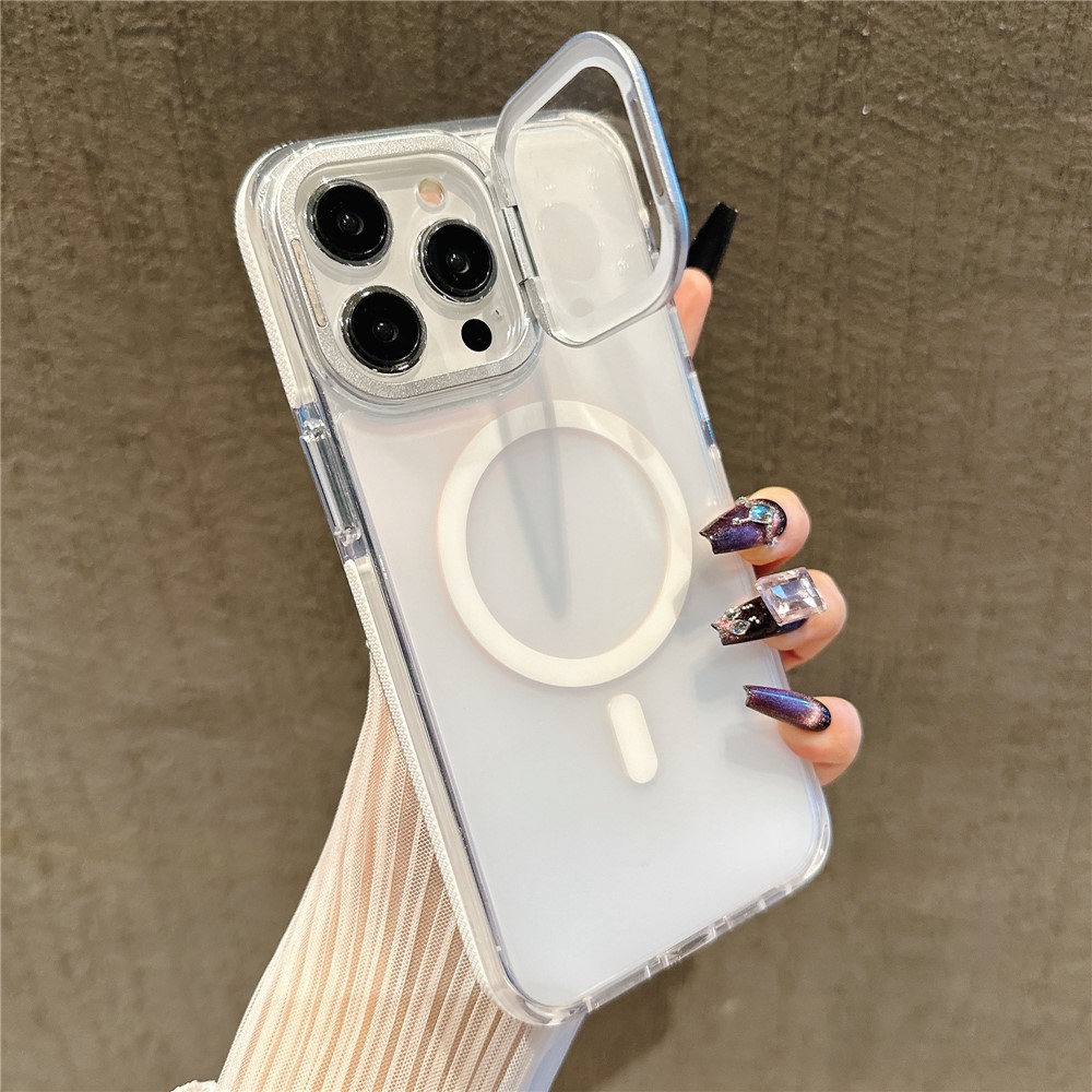 For iPhone 15 Pro Magnetic Case TPU Acrylic Phone Back Cover with Lens Film and Kickstand - White