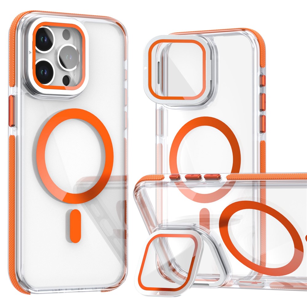 For iPhone 15 Pro Max Magnetic Case TPU Acrylic Clear Phone Back Cover with Lens Protector Kickstand - Orange