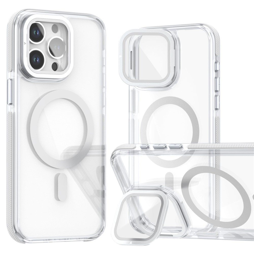 For iPhone 15 Pro Max Magnetic Case TPU Acrylic Clear Phone Back Cover with Lens Protector Kickstand - White