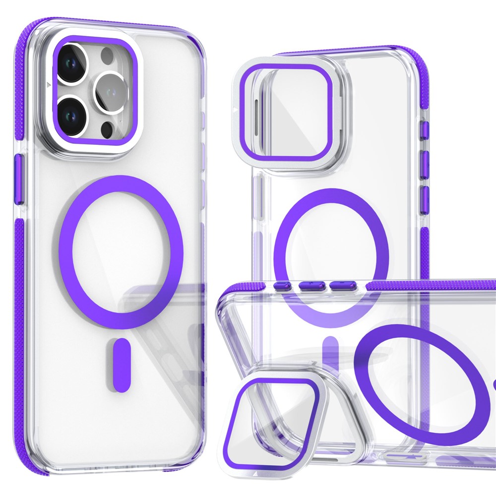 For iPhone 15 Pro Max Magnetic Case TPU Acrylic Clear Phone Back Cover with Lens Protector Kickstand - Purple