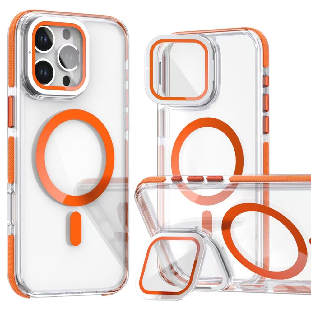 For iPhone 16 Pro Max Case Compatible with MagSafe TPU Acrylic Clear Phone Cover with Lens Cover Kickstand - Orange
