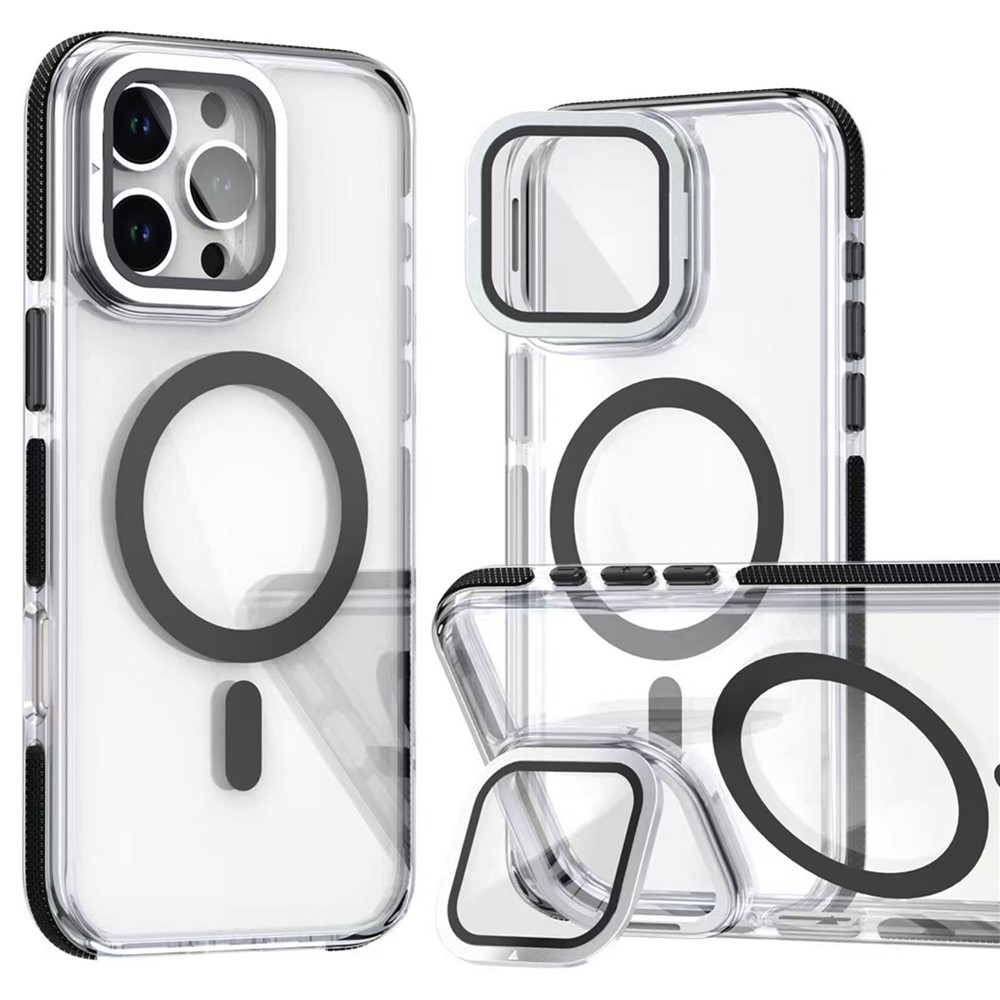 For iPhone 16 Pro Max Case Compatible with MagSafe TPU Acrylic Clear Phone Cover with Lens Cover Kickstand - Black