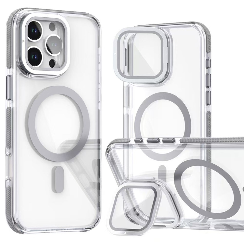 For iPhone 16 Pro Max Case Compatible with MagSafe TPU Acrylic Clear Phone Cover with Lens Cover Kickstand - Grey